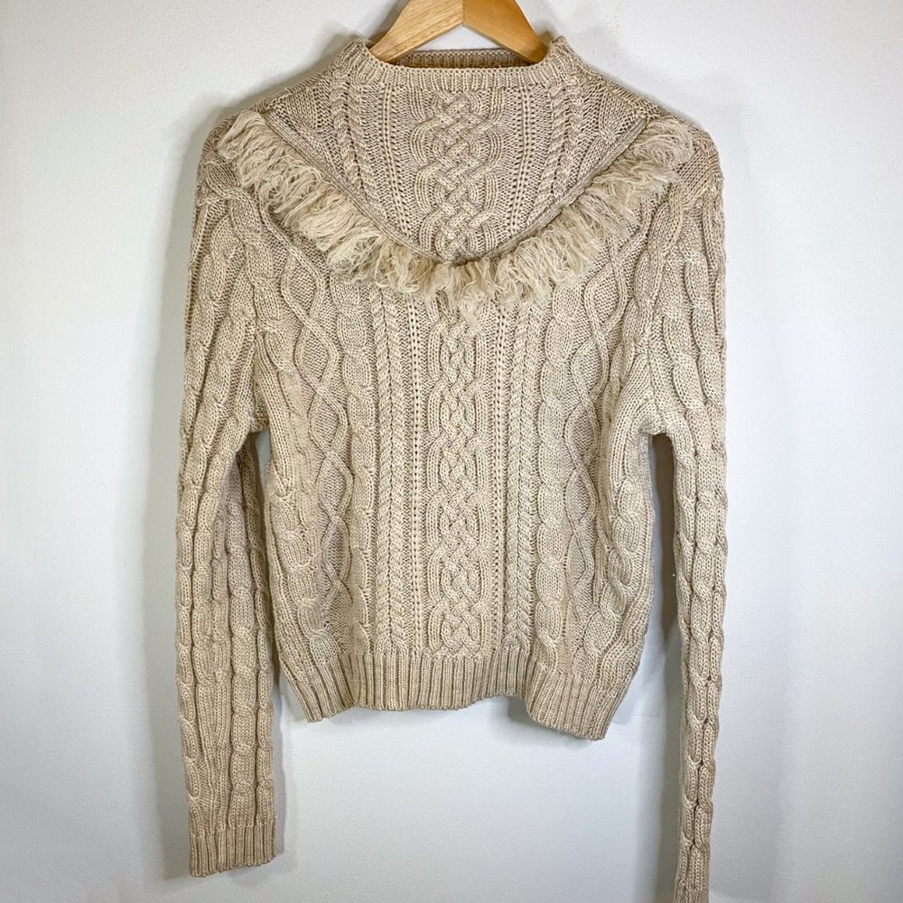 Amaryllis Fringe Cable Knit Mock Neck Sweater, Beige, Size L